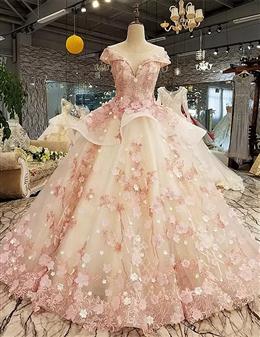 Picture of Pretty Pink Tulle with Flowers and Beaded Long Party Dresses, Pink Sweet 16 Gown